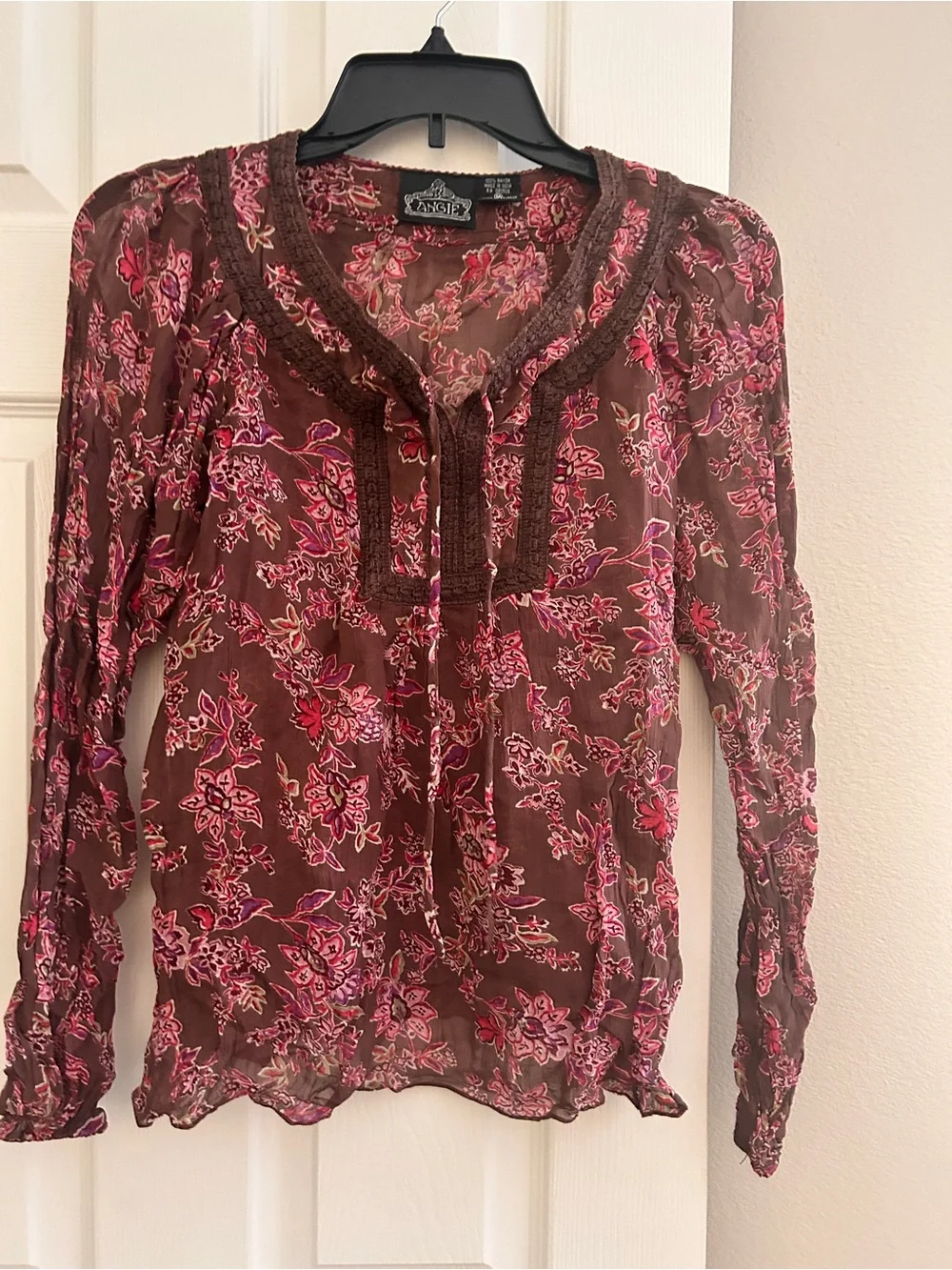 Angie Brown Floral Sheer Peasant Blouse with Pink Accents
